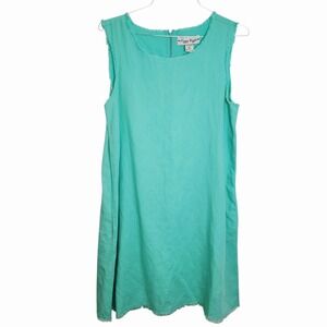 Dizzy Lizzie Linen Dress Women's L Sleeveless Raw Edge Shift Turquoise